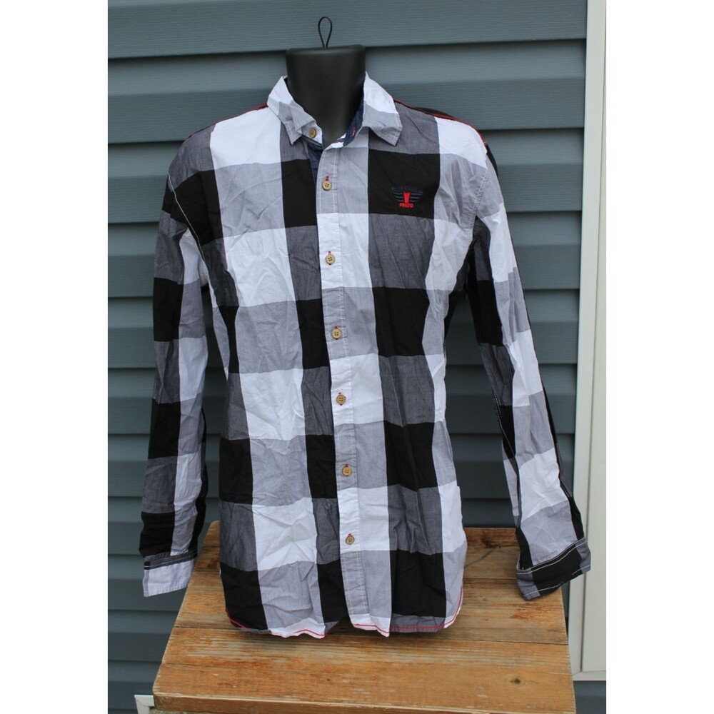 Fredd Marshall Size XL Shirt Men Long Sleeve Casual Black White Checked Plaid